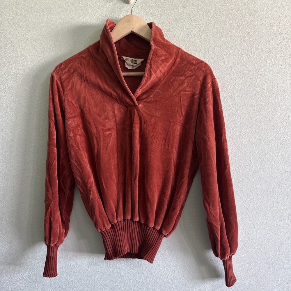 Vintage Sears The Fashion Place Velour pullover Sweater Med  70's Rust cowl Neck